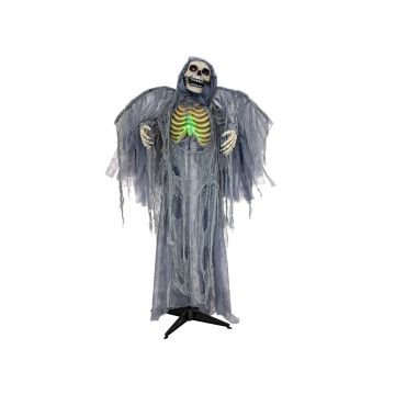 Décoration Halloween Ange de la Mort Squelette HALDOR avec ailes, fonction sonore et mouvement, LEDs, gris, 100x60x175cm