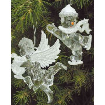 Ange de Noël LINDY, 2 pièces, pendentif, harpe, lyre, paillettes, argenté-blanc, 9x10cm