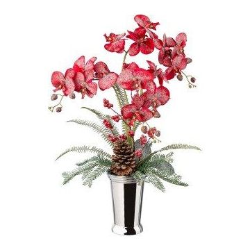 Composition florale artificielle d'orchidée et de fougère BALSI, vase en céramique, pomme de pin, baies, enneigée, rouge-blanc, 70cm