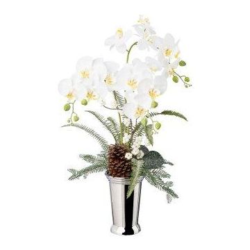 Composition florale artificielle d'orchidée et de fougère BALSI, vase en céramique, pomme de pin, baies, enneigée, blanc, 70cm