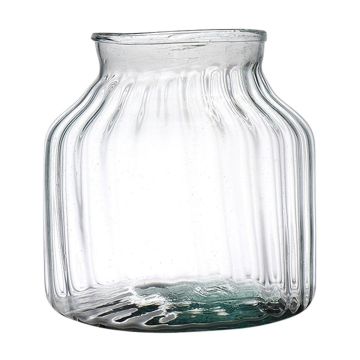 Photophore QUINN EARTH en verre recyclé, avec rainures, vert-transparent, 20cm, Ø21cm