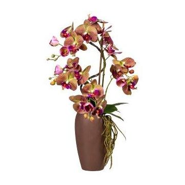 Arrangement d'orchidée et de saule tire-bouchon artificiel RASTIA, vase en céramique, racines, rose fuchsia-vert, 70cm