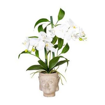 Arrangement artificiel d'orchidée et de bambou MARAKI dans un pot en ciment en forme de tête de Buddha, racines, blanc, 60cm