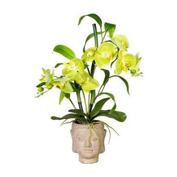 Arrangement artificiel d'orchidée et de bambou MARAKI dans un pot en ciment en forme de tête de Buddha, racines, vert clair, 60cm