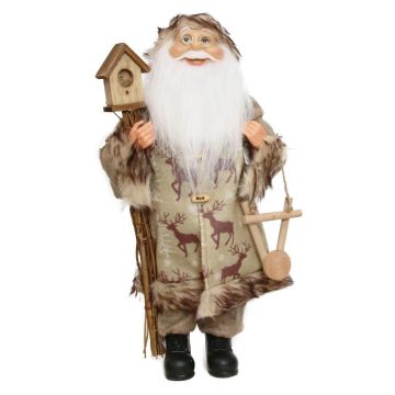 Figurine de Père Noël BALDUIN, fagot de brindilles, volière, pendentif en bois, beige-vert, 25x14x45cm