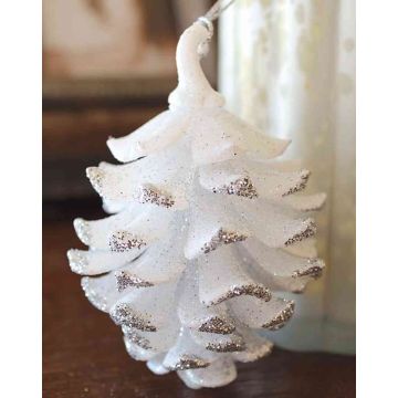 Décoration de Noël Pomme de pin CATHARINA, acrylique, pendentif, paillettes, blanc-argent, 9cm, Ø7cm