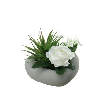 Arrangement de rose et d'agave artificiel BEVIS, pot décoratif, blanc, 14cm, Ø18cm