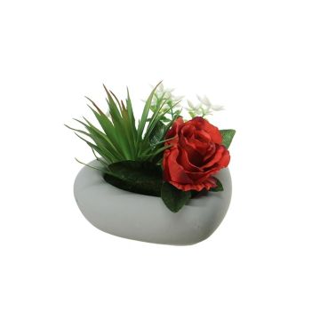 Arrangement de rose et d'agave artificiel BEVIS, pot décoratif, rouge-blanc, 14cm, Ø18cm