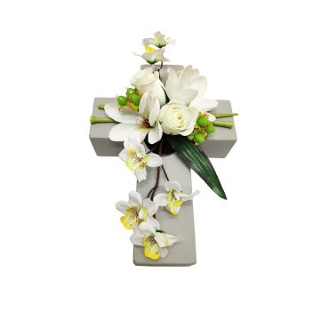 Arrangement de magnolia, d'orchidée et de rose artificiel OVANA, croix de plantes, blanc, 28x18x10cm