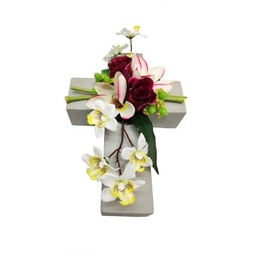 Arrangement de magnolia, d'orchidée et de rose artificiel OVANA, croix de plantes, blanc-fuchsia, 28x18x10cm