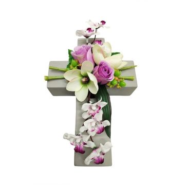 Arrangement de magnolia, d'orchidée et de rose artificiel OVANA, croix de plantes, blanc-lilas-crème, 28x18x10cm