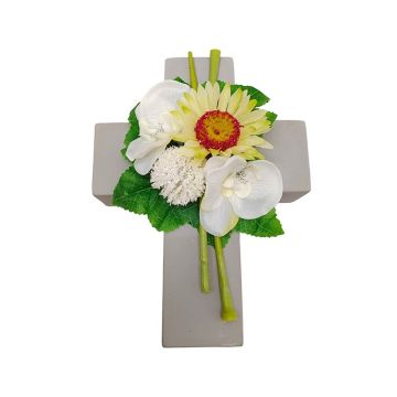 Arrangement de gerbera, d'orchidée et d'allium artificiel ANSGAR, croix de plantes, blanc-jaune, 20x15x9cm