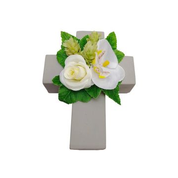 Arrangement de rose, d'orchidée et de houblon artificiel ARIADNA, croix de plantes, blanc, 20x15x9cm