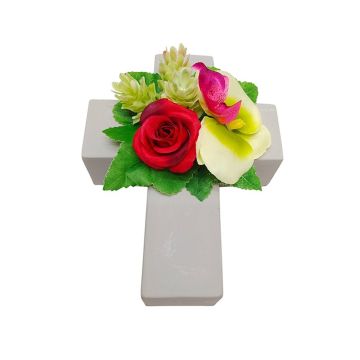 Arrangement de rose, d'orchidée et de houblon artificiel ARIADNA, croix de plantes, rouge-vert-fuchsia, 20x15x9cm