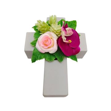 Arrangement de rose, d'orchidée et de houblon artificiel ARIADNA, croix de plantes, rose-fuchsia, 20x15x9cm