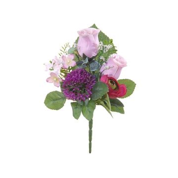 Arrangement de rose, de renoncule et d'allium artificiel HOKUNA, piquet, lilas-rose-fuchsia, 27cm, Ø20cm