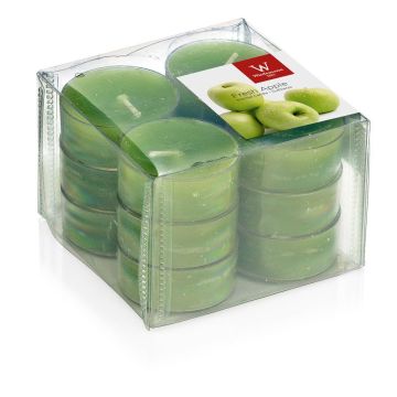 Bougies à réchaud ASTRID avec parfum, Fresh Apple, 12 pièces, vert pomme, 1,6cm, Ø3,7cm, 4h