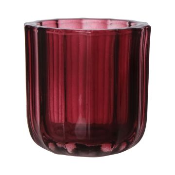 Bougeoir en verre KENSIE, larges rainures, brun rouge-transparent, 9,4cm, Ø9cm