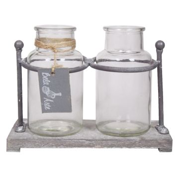 Bouteilles décoratives en verre LORRIE avec support en bois, 2 verres, transparent, 19,5x10x14,5cm