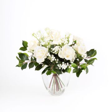 Bouquet de roses en soie AMELIE, gypsophile, blanc, 45cm, Ø40cm